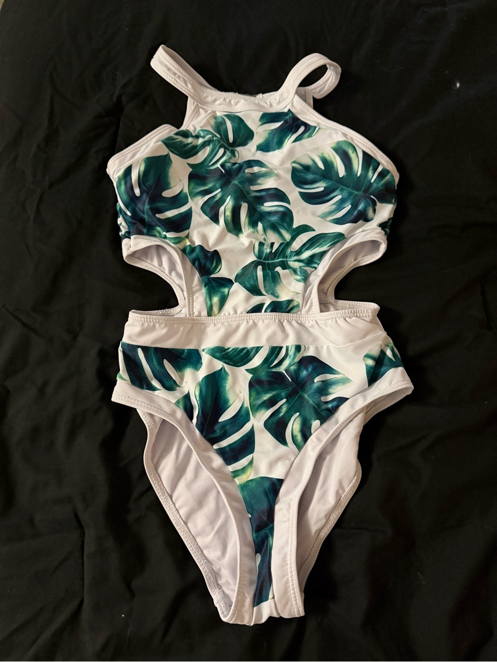 White Cutout One-Piece Swimsuit with Green Tropical Leaf Print